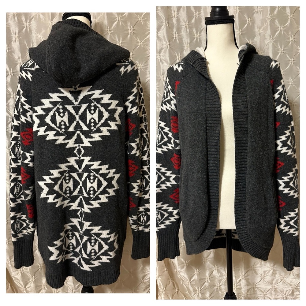 Pendleton Knit Open Front Cardigan Sweater Gray Red Long Hooded Western Aztec